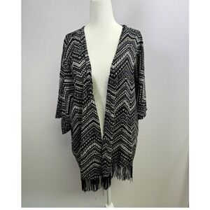 French Laundry Kimono Women Large Black White Chevron Fringe Boho Cardigan